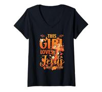 Womens This Girl Loves Jesus Cute Christian Girl Jesus Fall V-Neck T-Shirt