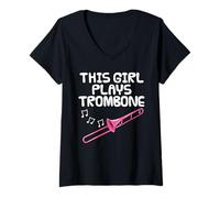 Womens This Girl Plays Trombone, Female Trombonist Brass Musician V-Neck T-Shirt