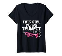 Womens This Girl Plays Trumpet, Female Trumpeter Brass Musician V-Neck T-Shirt
