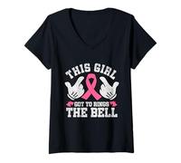 Womens This Girl Rings the Bell Breast Cancer Awareness Pink Ribbon V-Neck T-Shirt
