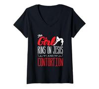 Women's This Girl Runs On Jesus and Contortionist Contortion Yoga V-Neck T-Shirt