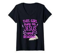 Women's This Girl Runs On Jesus and Reading Read Bible Study Group V-Neck T-Shirt