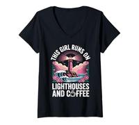Womens This Girl Runs On Lighthouses and Coffee Lighthouse Waves V-Neck T-Shirt