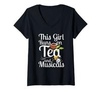 Womens This Girl Runs on Tea and Musicals graphic musical theatre V-Neck T-Shirt