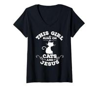 Womens This Girls Runs on Jesus and Cats Christian Cat Lover Bible V-Neck T-Shirt