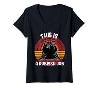 Womens This is a Rubbish Job - Funny Binman Black Bin Bag Sunrise V-Neck T-Shirt