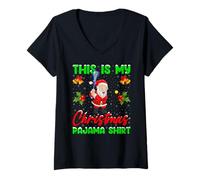 Womens This is My Christmas Pajamas Funny Santa Playing Lacrosse V-Neck T-Shirt