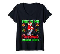 Womens This is My Christmas Pajamas Funny Skateboarding Santa Xmas V-Neck T-Shirt