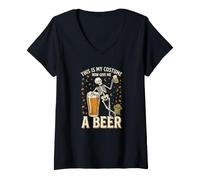 Women's This is My Costume Now Give Me A Beer Skeleton Halloween V-Neck T-Shirt