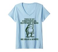 Women's This is My Emotional Support Frog He Has A Knife Frog V-Neck T-Shirt
