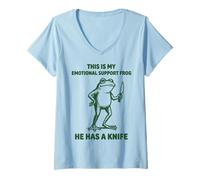 Women's This is My Emotional Support Frog He Has A Knife Frog V-Neck T-Shirt