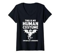 Womens This is My Human Costume I'm Really A Dragon Funny Halloween V-Neck T-Shirt