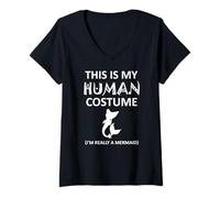 Womens This Is My Human Costume I'm Really a Mermaid Halloween V-Neck T-Shirt