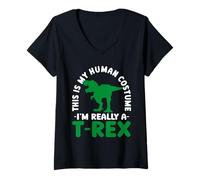 Women's This is My Human Costume I'm Really A T-Rex Halloween Dino V-Neck T-Shirt