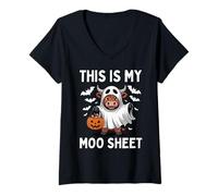 Womens This is My Moo Sheet Halloween Cow Ghost Pun V-Neck T-Shirt