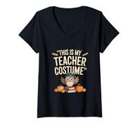 Womens This is My Teacher Costume Owl Books Pumpkins Halloween V-Neck T-Shirt
