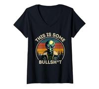 Women's This is Some Bullshit Resident Funny Swearing Alien Science V-Neck T-Shirt, Black, Large
