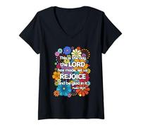 Womens This is The Day - Groovy Floral Scripture Art V-Neck T-Shirt