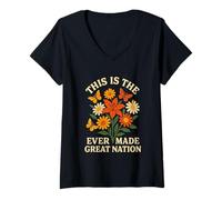 Womens This is The Ever Made Great Nation Retro Floral Patriotic V-Neck T-Shirt