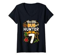 Women's This Little Bug Hunter is 7 Birthday Insect Bday Party V-Neck T-Shirt