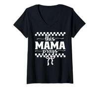 Women's This Mama Prays Faith Checkered Bow V-Neck T-Shirt