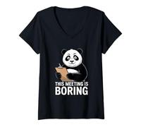 Women's This Meeting is Boring Funny Panda Office Humor V-Neck T-Shirt