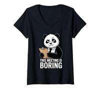 Women's This Meeting is Boring Funny Panda Office Humor V-Neck T-Shirt