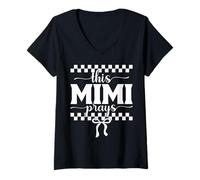 Women's This Mimi Prays Faith Checkered Bow V-Neck T-Shirt