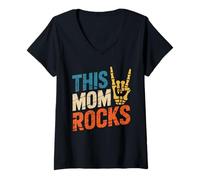 Women's This Mom Rocks Skeleton Hand Mothers Day Rock Music Rock On V-Neck T-Shirt