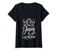 Women's This Mom Runs On Jesus and Lacrosse V-Neck T-Shirt