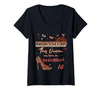 Womens This Queen was Born in 14 November 14th Birthday Brown Sugar V-Neck T-Shirt