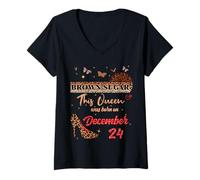 Womens This Queen was Born on December 24 Brown Sugar Birthday V-Neck T-Shirt