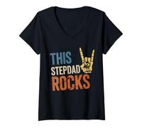Women's This Stepdad Rocks Fathers Day Rock Music Skeleton V-Neck T-Shirt