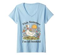 Women's This Summer I’m All Booked Cute Book Lover Goose Reading V-Neck T-Shirt