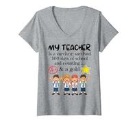 Women's This Teacher is A Survivor; Survived 100 Day & Counting A+ V-Neck T-Shirt