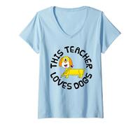Womens This Teacher Loves Dogs, Back To School Dachshund V-Neck T-Shirt