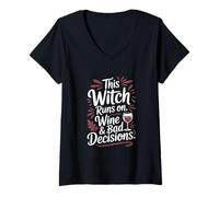 Womens This Witch Runs on Wine and Bad Decisions Halloween V-Neck T-Shirt