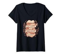 Womens Thousand Lives Bookworm Fantasy Reading Adventure Quote V-Neck T-Shirt