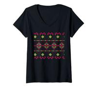 Womens Thread Embroidery - Ukrainian Folk Ethnic Pattern Ornament V-Neck T-Shirt