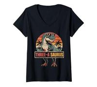 Women's Three a Saurus Dinosaur Family Match 3rd Birthday 3 Yrs Old V-Neck T-Shirt