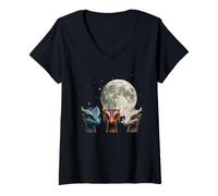 Womens Three Baby Dragons Under Full Moon Fantasy Night V-Neck T-Shirt