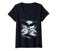 Women's Three Bald Eagle Moon Bird Eagles Lover American Wildlife V-Neck T-Shirt