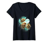 Womens Three Bearded Dragons Howling at The Moon tie dye Green V-Neck T-Shirt