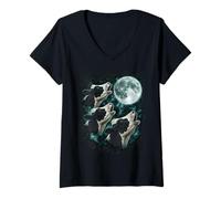 Women's Three Calling Cows Beneath Full Moon V-Neck T-Shirt
