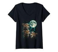 Women's Three Calling Owls Under Full Moon Sky V-Neck T-Shirt