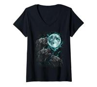 Women's Three Cane Corsos Under Moon Canine Night Scene V-Neck T-Shirt