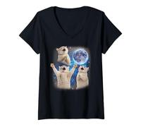 Womens Three Cats Howling at The Moon Weird Meme Cat V-Neck T-Shirt