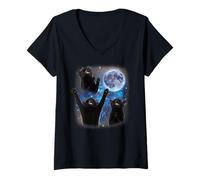 Womens Three Cats Howling at The Moon Weird Meme Tuxedo Cat V-Neck T-Shirt