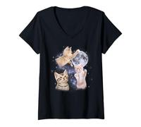 Women's Three Cats Moon Kitten Vintage Graphic Weird Cursed Meme V-Neck T-Shirt