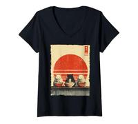 Women's Three Cats Ramen Funny Aesthetic Japanese Ukiyo-e Anime Cat V-Neck T-Shirt